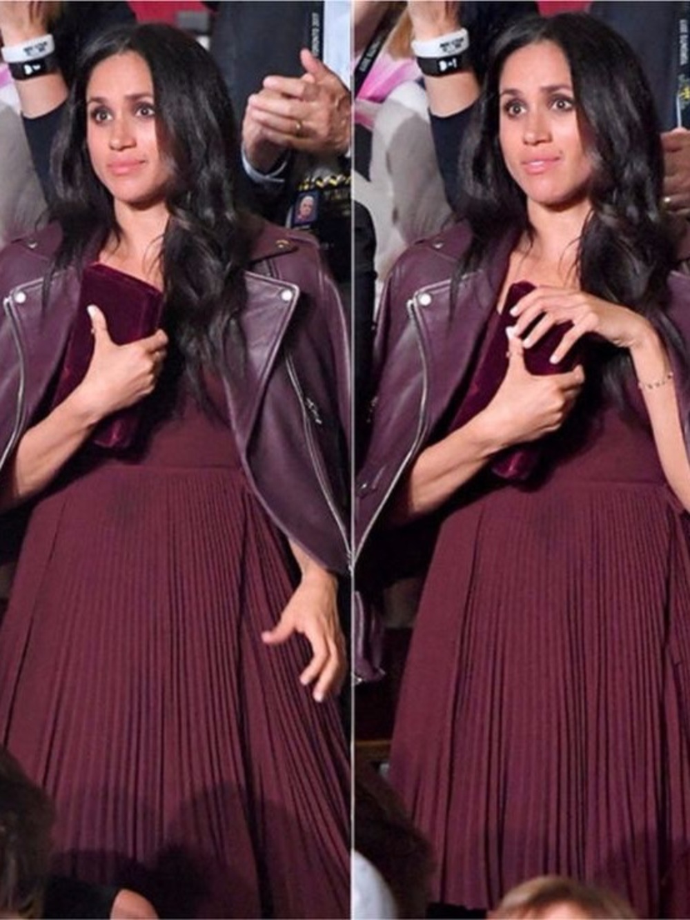 THAT Meghan Markle Wilfred Burgundy Pleated Wrap Dress